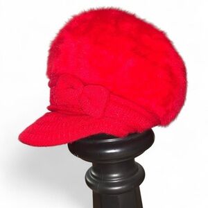 Vintage Y2K Red Fuzzy angora cadet cabbie new boy Cap with knit Bow and bill
